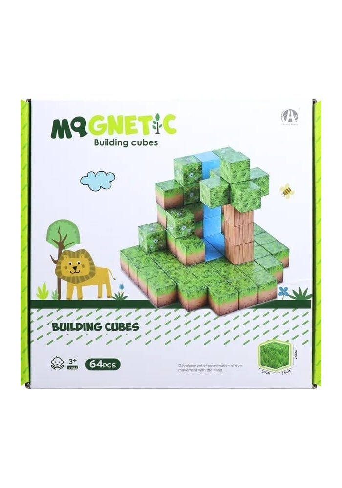 Knick Knack Magnetic World Building Blocks Set | Mini Themed Magnetic Cubes for Kids Ages 3 and Up (64 Pieces) - Image 1